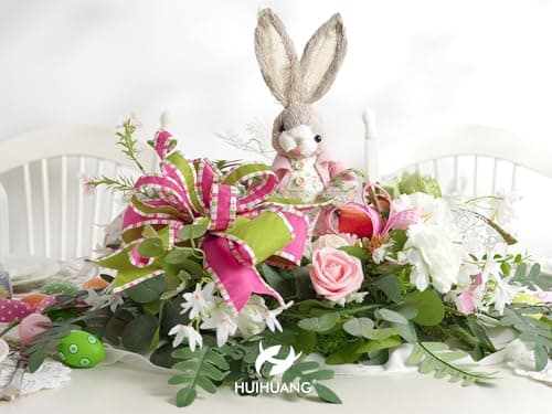 HUIHUANG Hot Pink and Lime Dupioni Wired Ribbon with Striped Border 2.5 Inch Wide 10 Yards Easter Ribbons for Easter Basket Floral Arrangement Bunny Decor Spring Holiday Wreath DIY Crafts — view 3