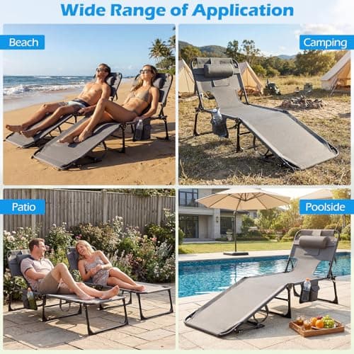 GYMAX Tanning Chair with Face Hole, Sun Bathing Lounge Chairs for Outside with Side Pocket, Folding Portable Face Down Layout Tanning Chair Beach, Backyard, Poolside, Lawn (1, Grey) — view 3