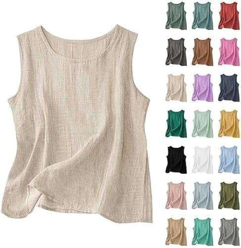 Off The Shoulder Tops for Women Womens Tank Top Linen Shirt Women Cotton Linen Sleeveless Summer Casual Loose Shirts 2026 Hawaiian Boho Crew Neck Gauze Basic Camisole Beige L