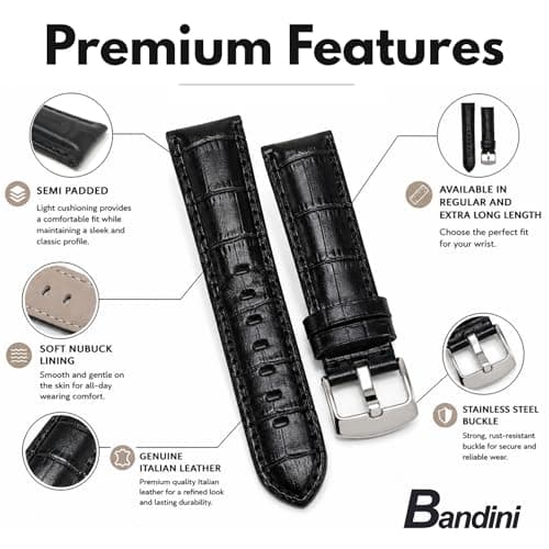 Bandini Mens 20mm Extra Long Leather Watch Band for Large Wrists – Premium Top Grain Alligator Embossed Strap, Durable Replacement, Soft Comfortable Fit, Black/Gold Buckle