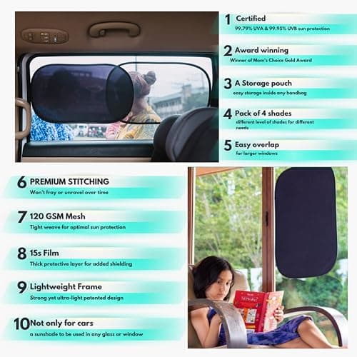 Car Window Shades - Certified 99.79% UVA & 99.95% UVB sun protection. Award winning car sun shade for side windows. 4 Pack (2 Transparency options) 20" x 12" -window shade for car baby by Kinder Fluff — view 2