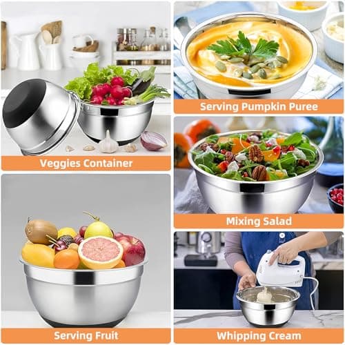 Menbyci 6 Pcs Mixing Bowls with Lids,Stainless Steel Mixing Bowls,Black Non-Slip Bottoms,Including Kitchen Utensils,Mixing Bowl Set for Kitchen Mixing Baking Prepping Cooking Serving — view 2