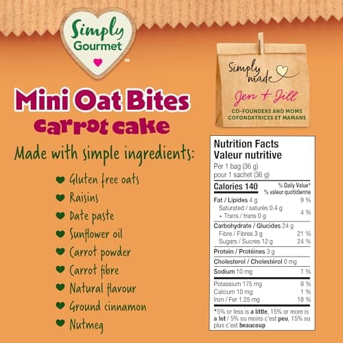Simply Gourmet Mini Oat Bites, Carrot Cake, 13 x 36g | Toddler Snack | No Added Sugar | Source of Iron | Gluten-Free | Made in Canada — view 5