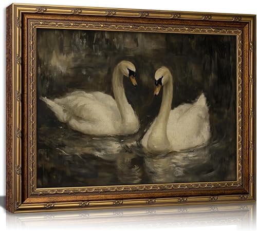 YUANNING Vintage Gold Frame Swan Couple Wall Art Elegant Swan Painting Canvas Modern Farmhouse Cottagecore Picture Wall Decor Dark Academia Lake Nature Aesthetic Print Artwork For Bedroom Living Room