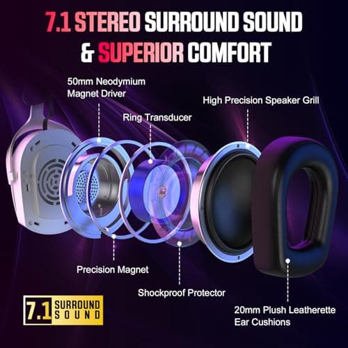 Wireless Gaming Headset for PS5 PS4 PC Mac Switch, RGB Headphones with 7.1 Surround Sound, Bluetooth 5.4, 60H Battery, Noise Canceling Mic & 50mm Drivers — view 4