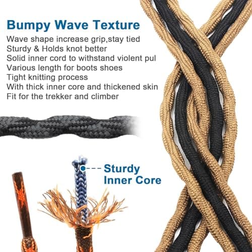 DELELE 2 Pair Round Wave Shape Non Slip Heavy Duty and Durable Outdoor Climbing Shoelaces Hiking Shoe Laces Shoestrings, 01 Black, 63 Inch (160cm) — view 6