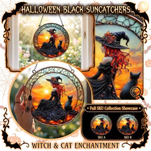 TREBIN Halloween Acrylic Jigsaw Puzzle Suncatcher, Stained Glass Window Hanging DIY Puzzle Sun Catcher 83 Pieces, Gothic Halloween Decoration Thanksgiving Home Decor (Red Sunset Hair Witch & Cat)