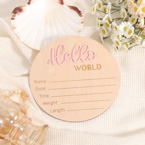 Newborn Announcement Sign with Pen, 5.9in Wooden Hello World Baby Welcome Sign for Newborn Boys and Girls Photo Props Baby Shower Hospital Nursery (Light Pink) — view 2