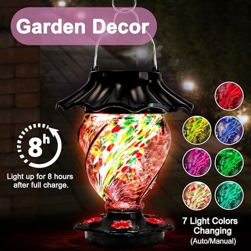 LUJII Solar Powered Hummingbird Feeder for Outside, Hand Blown Glass, 35 fl.oz, Leak-Proof & Waterproof, Metal Base, Lighted Lantern for Garden Decor, Unique Gift for Bird Lovers, Purple — view 2