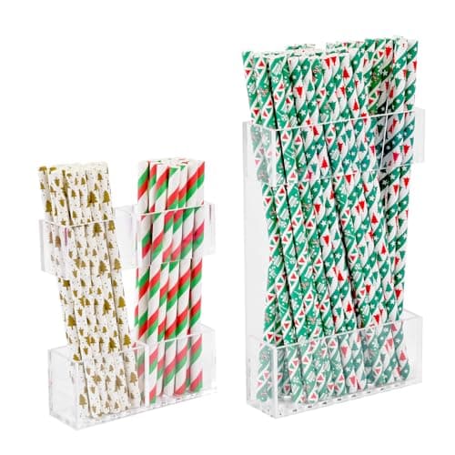 2 PACK Small Acrylic Straw Holder for Cabinet Doors，Straw Organizer Storage with Most Sizes，Multi-Function Kitchen Accessories Container with Adhesive Round Pads(Transparent)