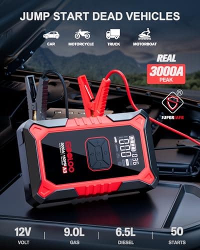 GOOLOO A3 Jump Starter with Air Compressor, 3000A Portable Car Battery Booster (9.0 Gas/6.5L Diesel) with 150PSI Auto-Shutoff Tire Inflator, 12V Supersafe Lithium Jump Box Car Battery Jumper Starter