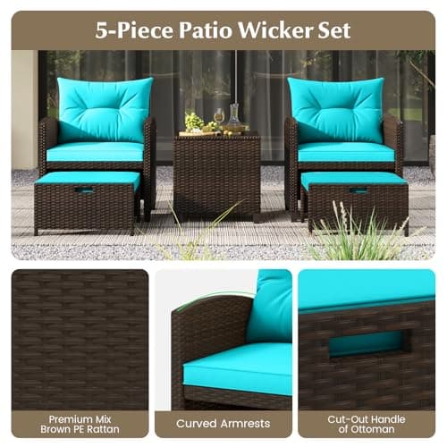 KOTEK 5 Pieces Patio Furniture Set with Ottomans, Wicker Patio Conversation Set with Coffee Table & Cushions, PE Rattan Outdoor Lounge Chairs for Backyard, Porch, Poolside (Mix Brown- Turquoise) — view 2