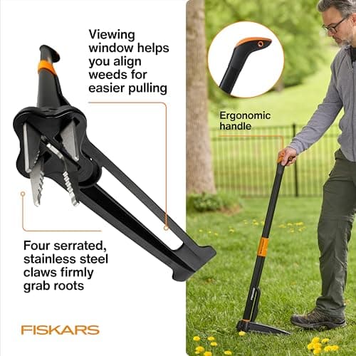 Fiskars Stand-Up Weed Puller Tool, 4 Serrated Stainless Steel Claws Grip Roots for Permanent Removal, Reinforced Foot Platform Penetrates Tough Soil, Easy-Eject & Ergonomic Offset Handle, 39" — view 5