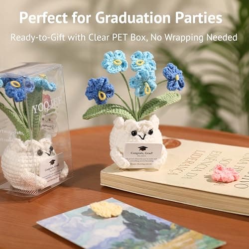 YOOJEE Crochet Forget Me Not Graduation Gift – Class of 2026 Blue Flowers with Card “Congrats, Grad! You Did It.”, Meaningful Gift for Student, Senior, Keepsake Desk Decor