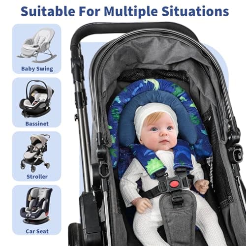 Baby Car Seat Head Support with Extra Headrest, 2-in-1 Babybody Supports with Shoulder Pads Set for Newborn, Adjustable Infant Car Seat Insert Compatible with Stroller, Baby Swing (Dinosaur) — view 5