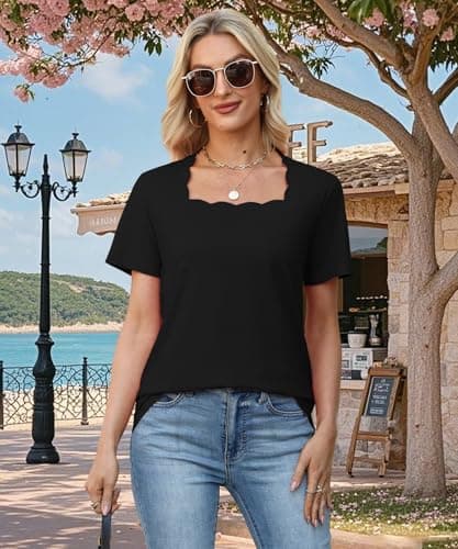 JomeDesign Womens Tops Dressy Casual Summer Vacation Square Neck Tunic Shirts Short Sleeve Loose Fit Blouses Black XL — view 2