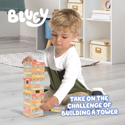 Bluey 8th Wonder Stackable Tumbling Tower Game, Robust Wooden Stacking Game with 54 Illustrated Colored Blocks, Fun Balancing Toy for Kids Ages 3+ — view 2