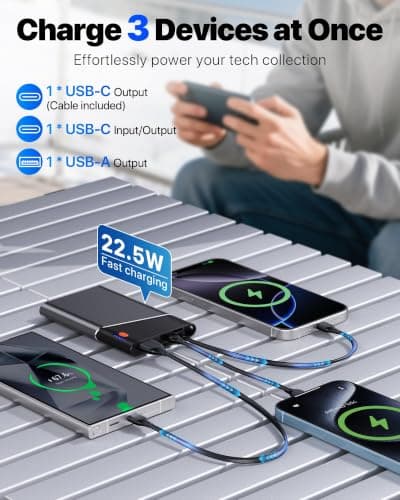 Aaoyun 10000mAh Portable Power Bank, 22.5W PD Fast Charging Battery Pack with Built-in USB-C Cable, Ultra-Slim External Phone Charger for iPhone 17/16/15, Samsung Galaxy S24, Android (Grey) — view 2