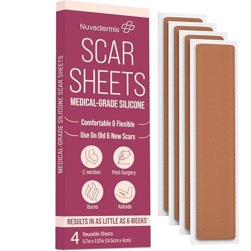 NUVADERMIS Silicone Scar Sheets - Extra Long Scar Sheets for C-Section, Tummy Tuck, Keloid, and Surgical Scars - Reusable Medical Grade Silicone Scar Sheets - Pack of 4 - Medium Tone