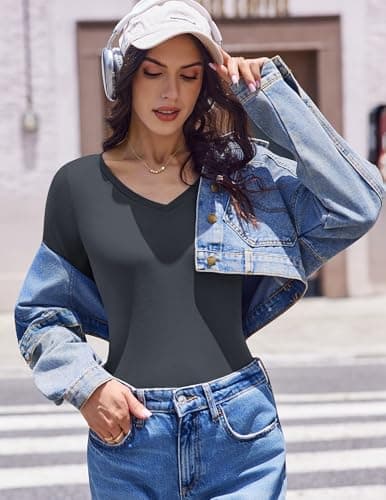 Ekouaer Womens 3 Pack Long Sleeve Shirts V Neck Ribbed Slim Fit Basic Tops Thermal Undershirts Casual Tee Black/White/Dark Grey Medium