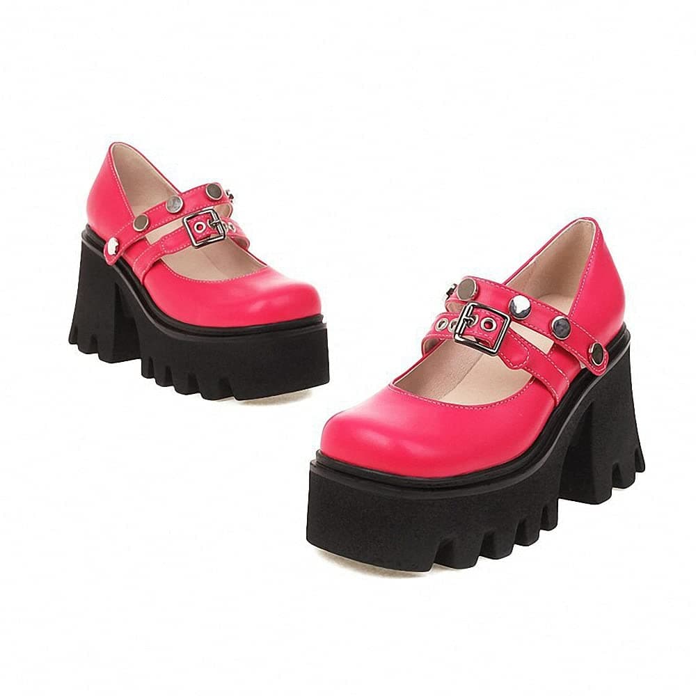 Womens Platform Mary Janes Shoes Sweet Toe Ankle Lolita Gothic Pumps Chunky Patent Leather — view 28