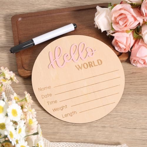 Newborn Announcement Sign with Pen, 5.9in Wooden Hello World Baby Welcome Sign for Newborn Boys and Girls Photo Props Baby Shower Hospital Nursery (Light Pink) — view 4