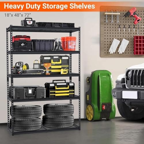 5-Tier Garage Shelving Unit, 2500 Lbs Capacity Adjustable Metal Storage Shelves, Heavy Duty Shelving Unit for Garage, Industrial Utility Shelf Storage Rack, 48x24x72 Inch — view 2