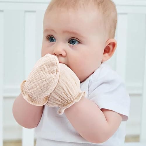 Pro Goleem 3-Pack Muslin Baby Mittens for Newborn, 100% Cotton No Scratch Soft Breathable Gloves with Elastic Strap for Baby Boy and Girls 0-6 months, Brown Beige Grey