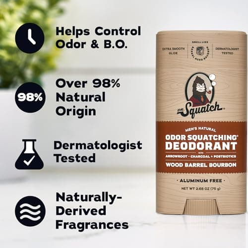 Dr. Squatch Natural Men’s Deodorant – Aluminum Free Natural Deodorant Men with Charcoal & Postbiotics for 72-Hour Odor Protection – Rainforest Rapids + Wood Barrel Bourbon, 2.65oz Stick (2-Pack) — view 4