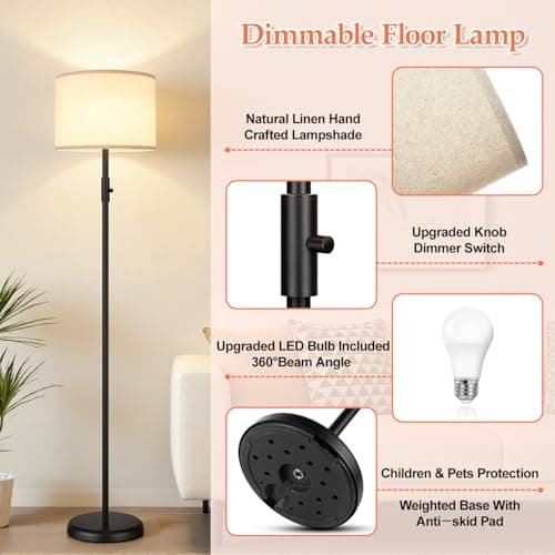 【Upgraded】 Dimmable Floor Lamp for Living Room,1000 Lumens Bulb Included, Modern Floor Lamps Simple Design with Linen Shade, Tall Standing Lamp for Bedroom Office Dining Room, Black Pole Lamp — view 3