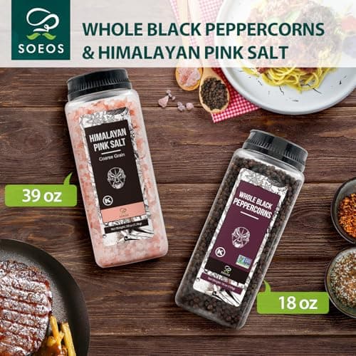Soeos Himalayan Salt 38.8oz + Whole Black Peppercorns 18oz. Coarse Grain Pink Salt, Salt Grinder, Salt Pepper, Pepper Grinder Salt and Pepper, Salt for Salt Grinder, Non-GMO Verified, Kosher. — view 2