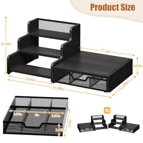 Coffee Station Organizer with K Cup Holder, 28 Pod Capacity,3-Tier Syrup Rack with Coffee Pod Holder Drawer, Coffee Bar organizer Countertop for Accessories,Black
