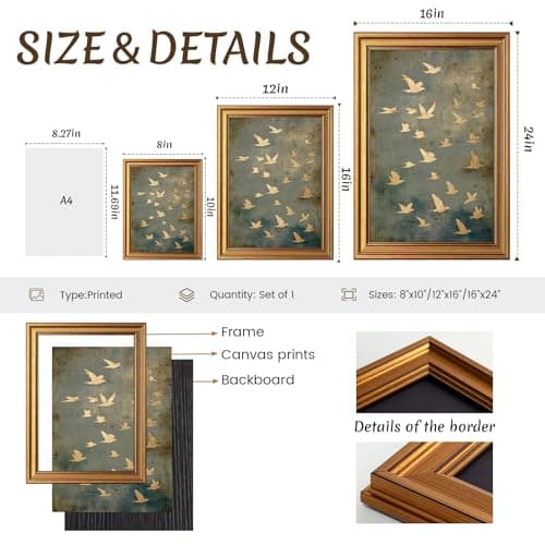 Vintage Gold Framed Wall Art Flying Bird Pictures Wall Decor 12x16 Inch — view 6
