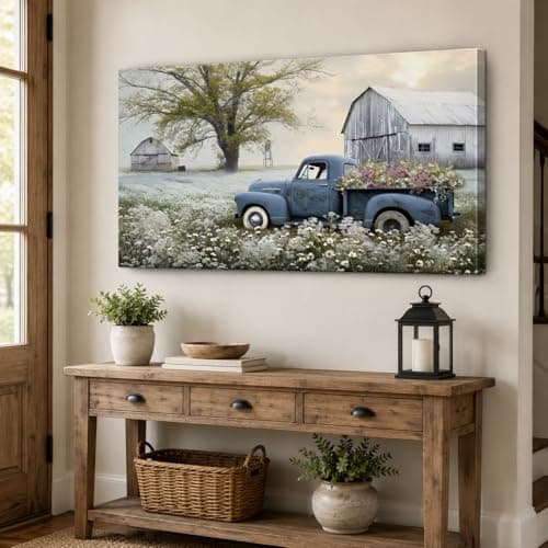 Farmhouse Wall Art, Vintage Barn and White Daisy Florals Picture Canvas Wall Art, Country Old Truck Canvas Prints, Vibrant Spring Landscape Prints for Farmhouse Living Room Wall Decor 24x36 Inches