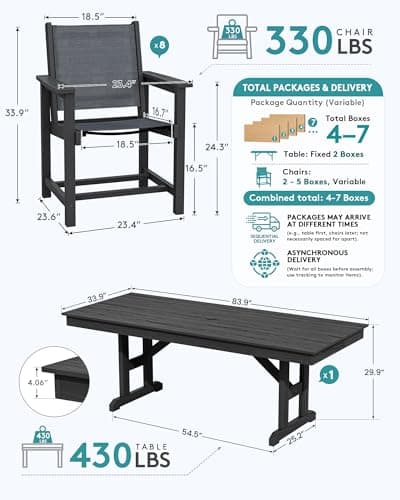 SERWALL 9 Piece 84" HDPE Outdoor Dining Set for 8 with Textilene Chairs and Umbrella Hole, Black/Gray