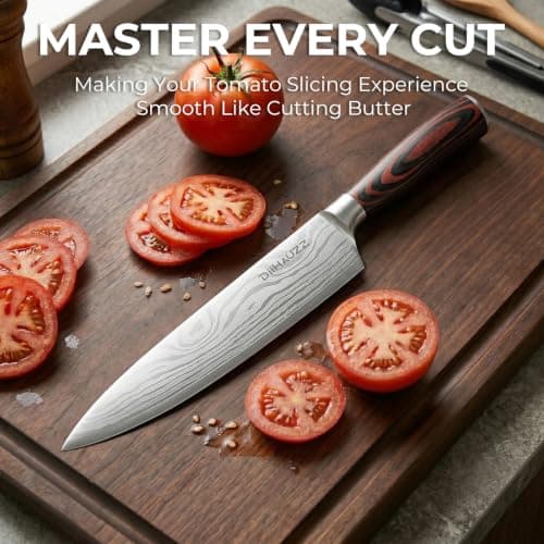 DiiHAUZZ Chef Knife, 8 Inch 5Cr15MoV High Carbon Stainless Steel Kitchen Knife with Ultra Sharp Edge, Ergonomic Pakkawood Handle, Sheath and Gift Box — view 5