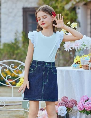 Arshiner Girls Blouses T Shirts for Kids Mesh Ruffle Flying Short Sleeve Summer Soft Clothes Crewneck Tees Light Blue 8 Years — view 2