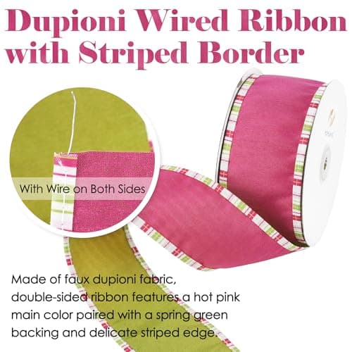 HUIHUANG Hot Pink and Lime Dupioni Wired Ribbon with Striped Border 2.5 Inch Wide 10 Yards Easter Ribbons for Easter Basket Floral Arrangement Bunny Decor Spring Holiday Wreath DIY Crafts