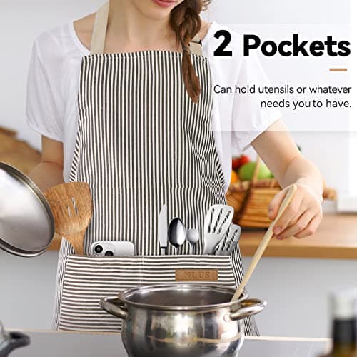 NLUS 2 Pack Kitchen Cooking Aprons, Adjustable Bib Soft Chef Apron with 2 Pockets for Men Women(Black/Brown Stripes) — view 3
