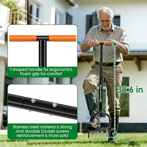 2-in-1 Lawn Aerator, Heavy Duty Manual Core Aerator Lawn Tool with 16 Iron Spikes & 4 Hollow Tines Garden Tools for Yard Grass Soil — view 2
