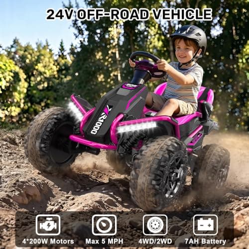 ANPABO 24V 4x4 Ride On Toys for Big Kids Aged 3-12 Rose Red-4x200W Motors, 5MPH, Wide Adjustable Seat, Parent Remote, Metal Frame, Shock Absorber, for Off-Road Ride