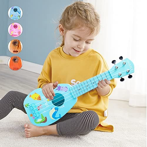 17 Inch Mini Guitar Ukulele Toy for Kids,Plastic Sear World Cartoon Children Educational Learn Guitar Ukulele with The Picks and Strap Can Play Musical Instruments Toys — view 3