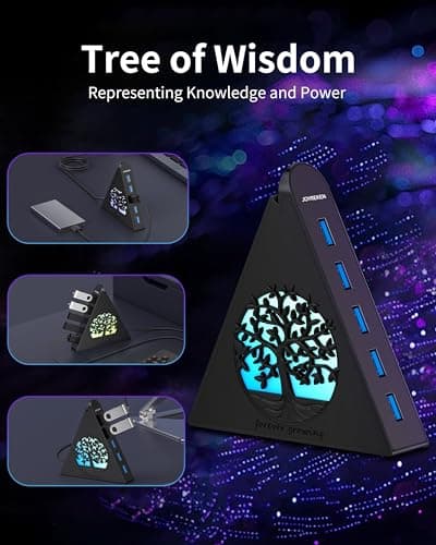 JoyReken 7-Port USB 3.0 Hub, Vertical USB Hub Splitter with RGB Tree Lighting, 5Gbps High-Speed Data Transfer and 2FT Extension Cable, Compatible with PC, MacBook, Laptop, PS5, Xbox, Flash Drive — view 5