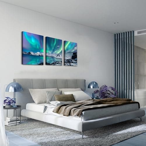 farmhouse Wall Art Aurora Scenery Painting on Canvas Wall decorations for living room Stretched and Framed Canvas Paintings 3 piece bedroom bathroom wall decor Ready to Hang for office Home Decor art — view 2