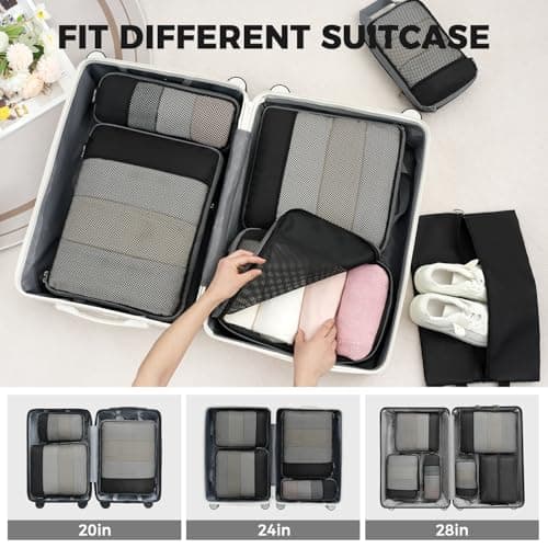 BAGAIL 4 Set/6 Set/8 Set Compression Packing Cubes Travel Accessories Expandable Packing Organizers (Half Mesh, 6-Black) — view 6