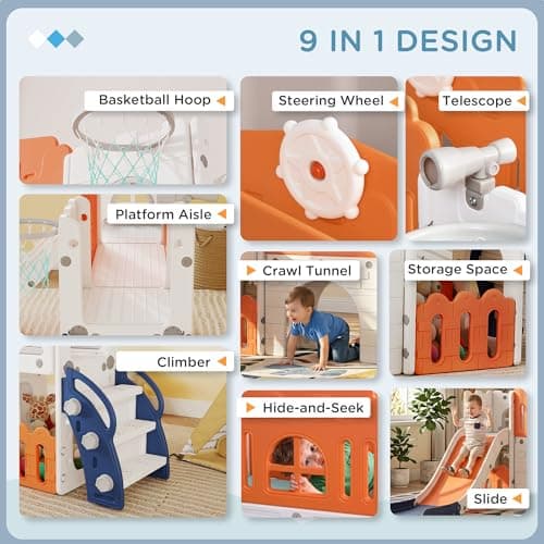 Qaba Toddler Slide, 9 in 1 Slide for Kids with Basketball Hoop, Climber, Telescope, Tunnel, Steering Wheel, Aisle, Storage Baskets, Indoor Slide Playset for 1-3 Years, Orange — view 2
