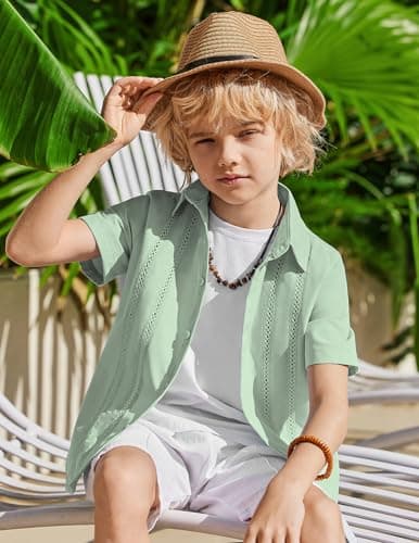 Arshiner Boys Button Down Shirt Short Sleeve Knit Shirt Summer Vintage Fashion Casual Beach Shirts for Kids 4-12 Years Light Green — view 4