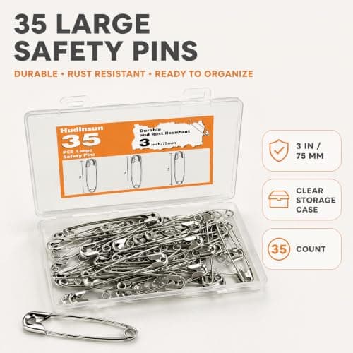 Hudinsun 35 Pack 3 Inch Large Safety Pins, Heavy Duty Laege Safety Pins for Clothes, Sewing and Craft, Silver — view 2
