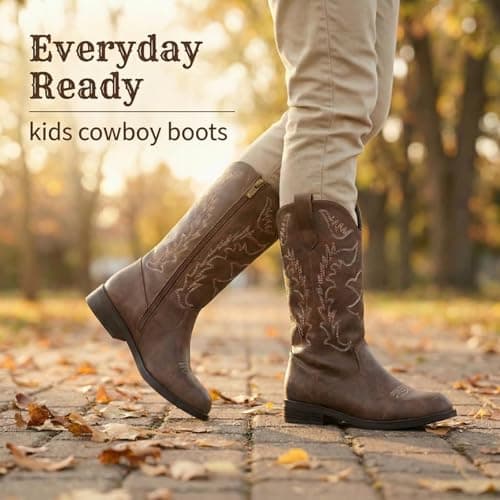 Kids Cowboy Boots Cowgirl Boots For Girls & Boys, Dark Brown Western Cowboy Boots With Side Zipper, Pu Leather Round Toe Little Kid Boots — view 5
