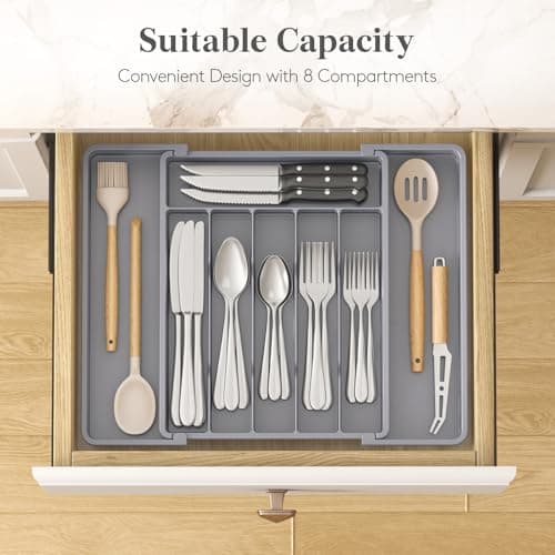 Lifewit Silverware Drawer Organizer, Expandable Utensil Tray for Kitchen, BPA Free Flatware and Cutlery Holder, Adjustable Plastic Storage for Spoons Forks Knives, 10.9"-17.5" x 13.7", Gray — view 2